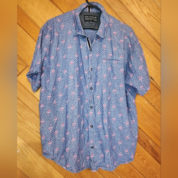 Raw Yarn Industries button down short sleeved flamingo print 2X blue shirt - Picture 1 of 10